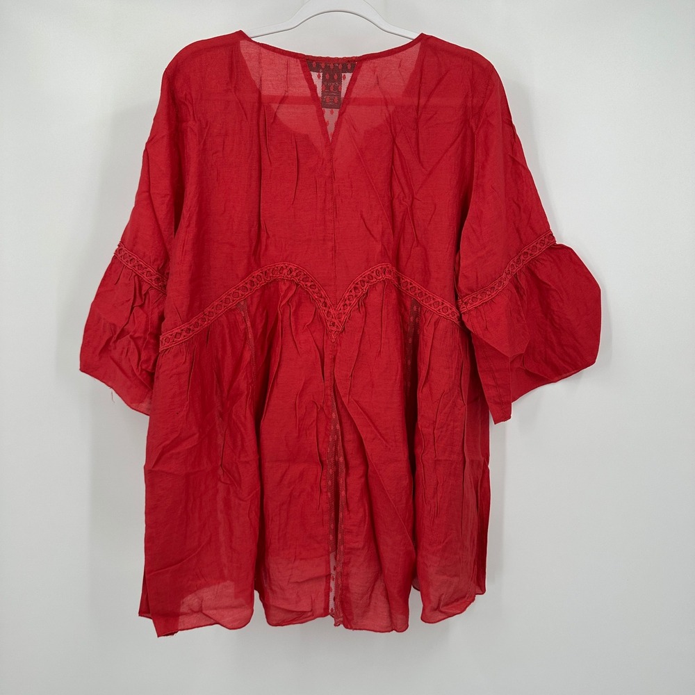 Ali Miles Women's XL Boho Red Tunic Top Crochet Lace‎ Flowy Peasant Blouse - Picture 2 of 8